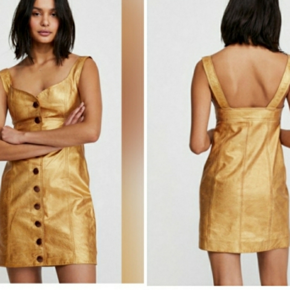 FREE PEOPLE Leather Metallic Gold Mini Dress Holiday Party New Years Eve Sz.4 - Picture 11 of 15